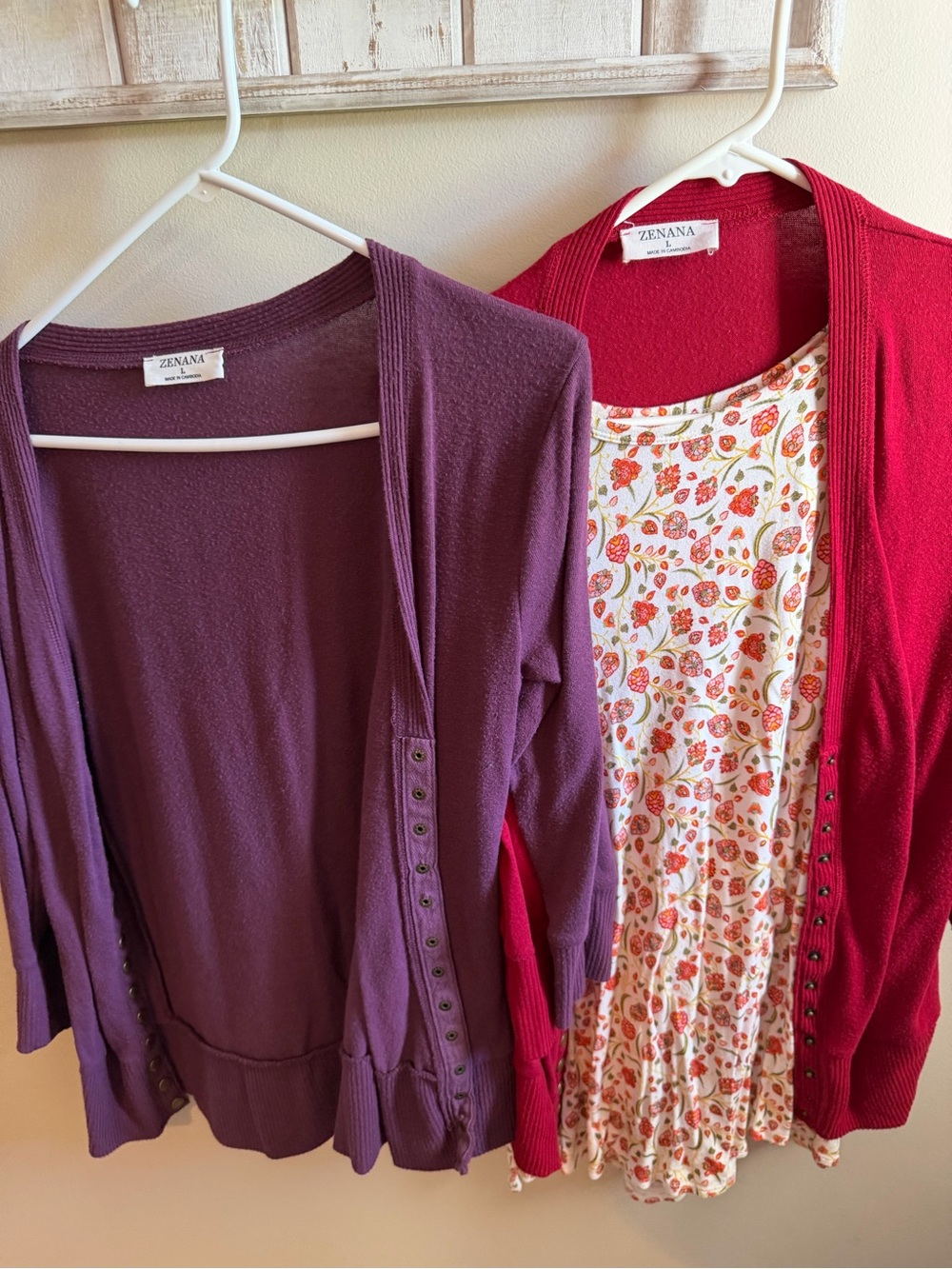 Zenana Outfitters Purple and Red Open-Front Cardigans